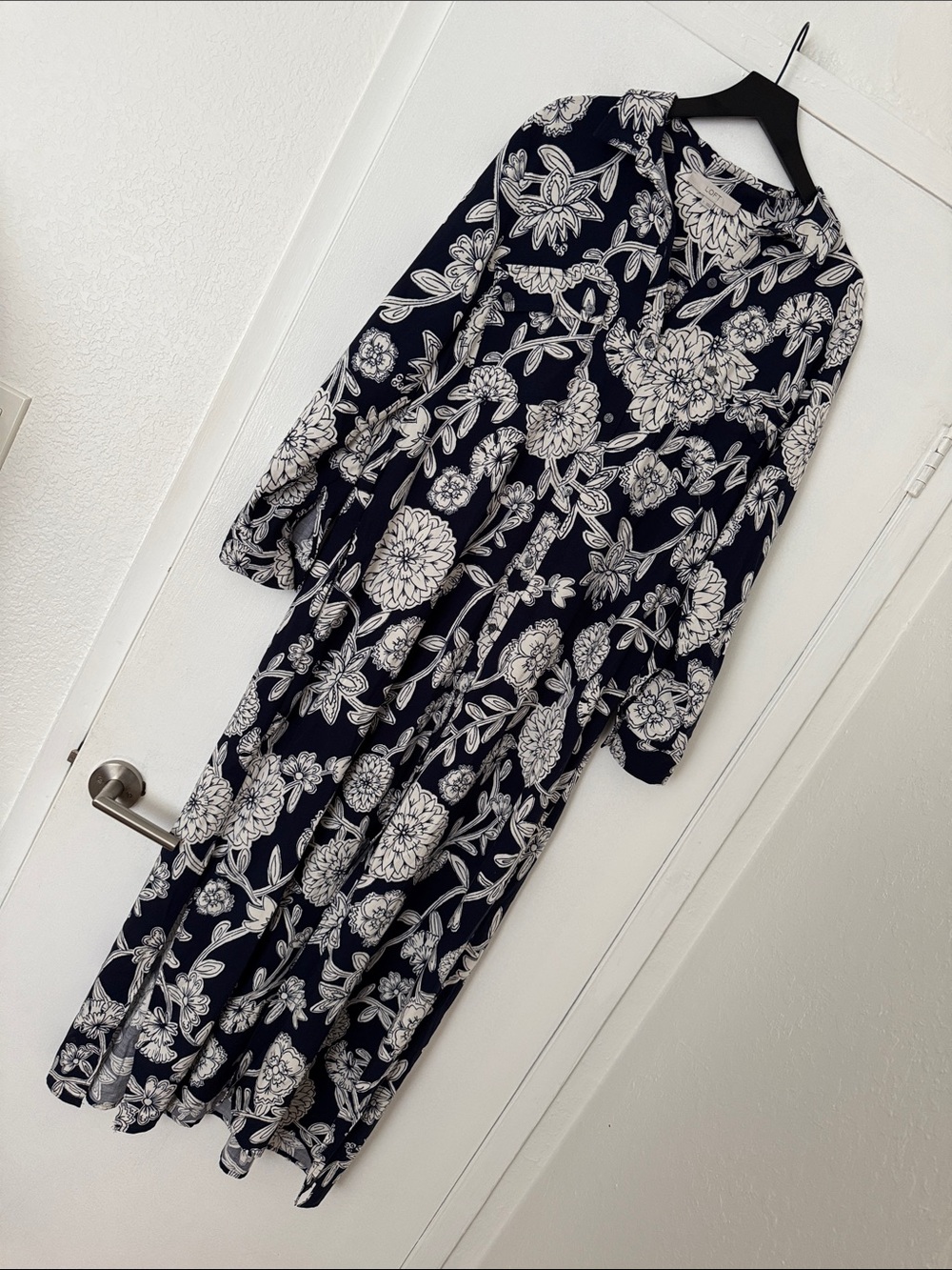 LOFT Navy Floral Button-Front Maxi Dress